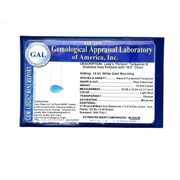Persian Turquoise Diamond Pendant 18.5" 14k WG 11.36 TCW Certified 300680 - Picture 9 of 9